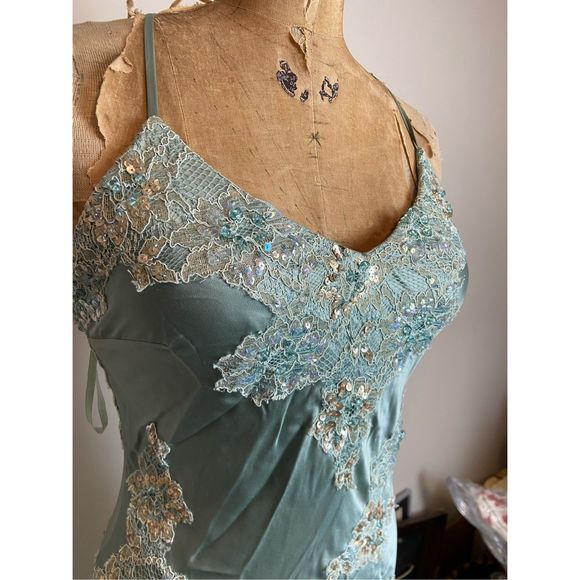 Vintage Cache Silk Gown Beaded Lace Sequin Gemstone Slinky Low Back Dress - SZ 8 - Picture 4 of 12